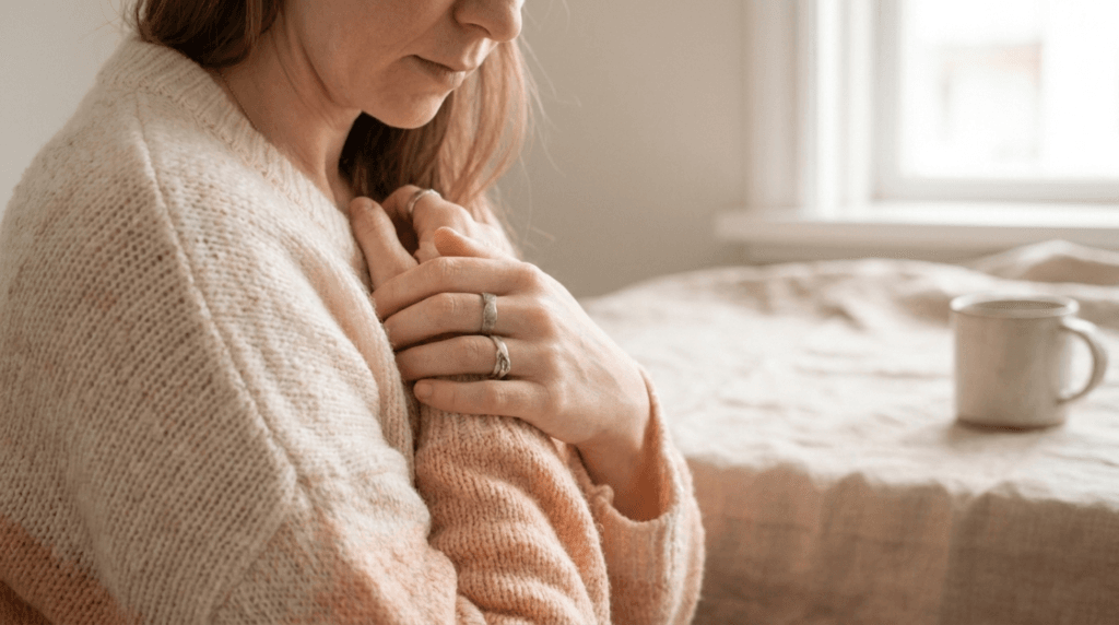 Mulher tocando o ombro indicando dor crônica e sensibilidade causadas pela fibromialgia.