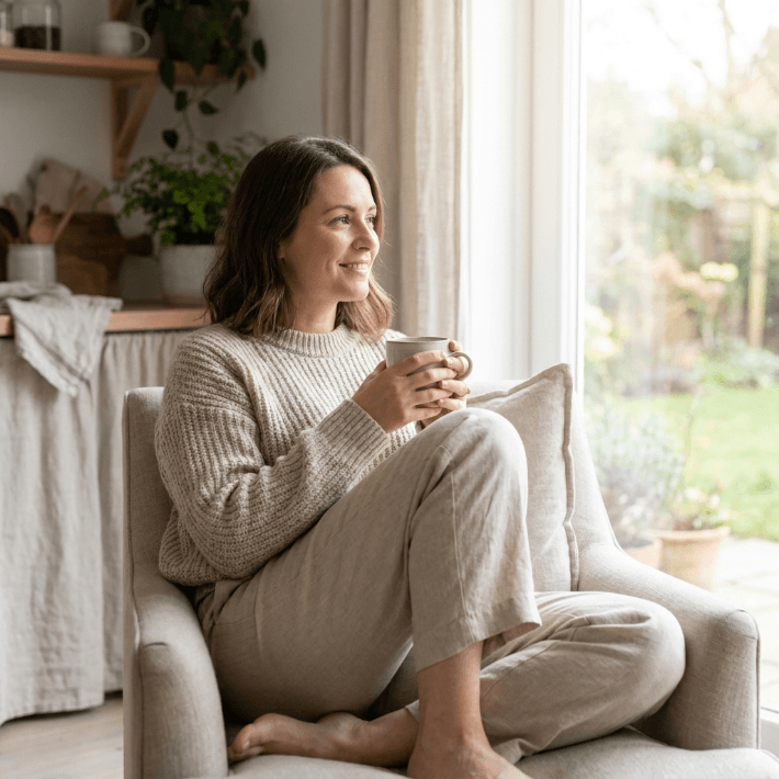 Mulher em ambiente acolhedor refletindo sobre os sintomas da fibromialgia.